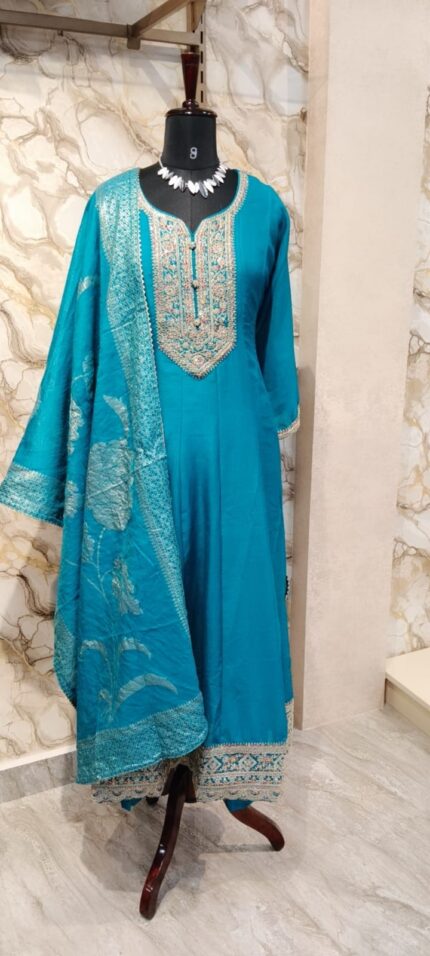 Blue Anarkali Dress English Georget Hand Embroidery