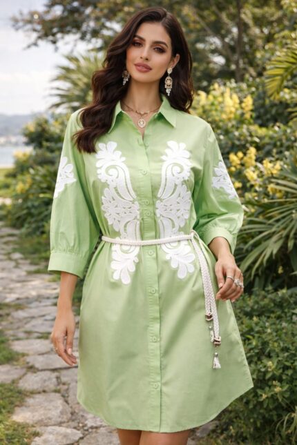 Pastel Green Embroidered Shirt Dress