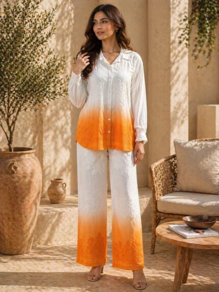 Ombre Elegance Co-Ord Set_Ivory & Sunset Orange