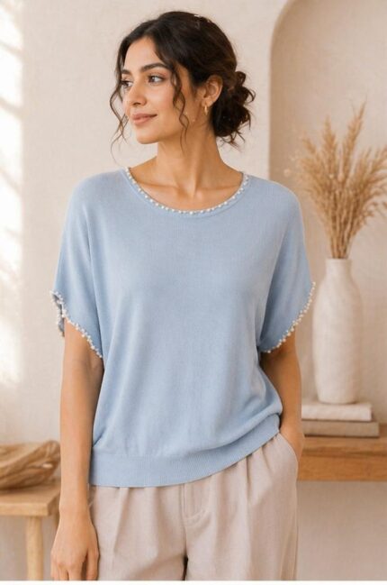 Elegant Blue Cap Sleeve Knit Top with Pearl Detailing