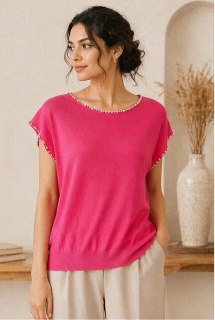 Chic Pink Cap Sleeve Knit Top with Pearl Detailing