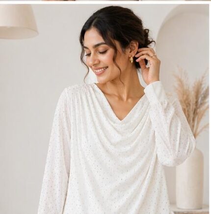 Elegant Drape Neck Shimmer Top_White