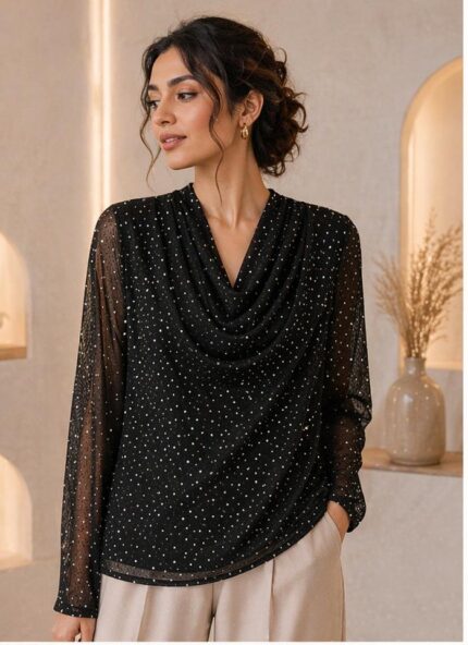 Elegant Drape Neck Sheer Top_Black