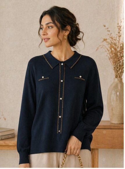 Elegant Knit Button-Detail Top_Navy Blue