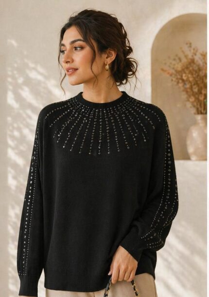 Midnight Black Embellished Knit Top