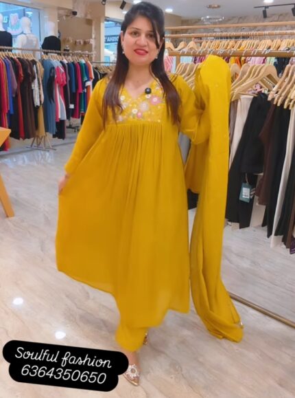 Mul Cotton Embroidered Suit Set with Dupatta_Mustard Yellow