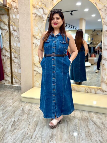 Denim Button-Down Maxi Dress with Belt